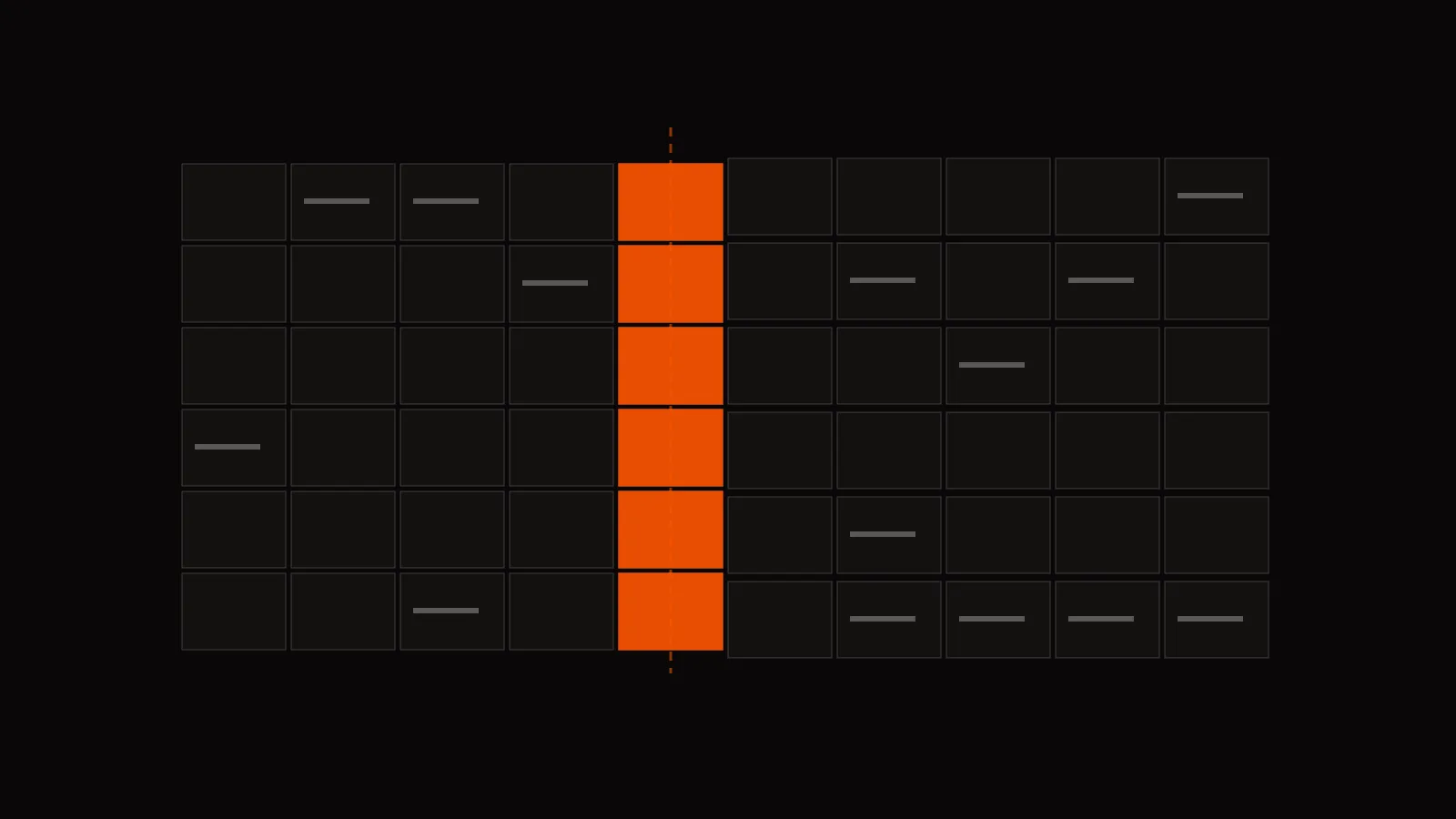 A grid of spreadsheet cells with one column filled solid orange, and the columns to its right knocked progressively out of alignment.